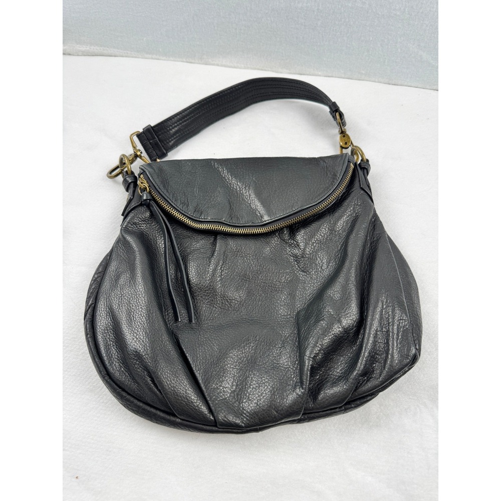 Margot New York Black Pebbled Leather Zip Flap Shoulder Bag Antique Brass